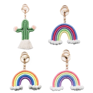 Handmade woven rainbow and cactus keychains with colorful cotton rope and golden metal clips