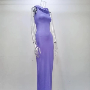 Detailed view of a purple sleeveless bodycon maxi dress displayed on a mannequin