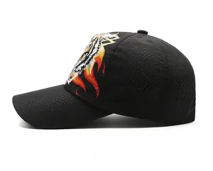 Detail of breathable quick-dry mesh fabric and flame pattern on black baseball cap