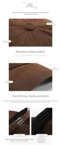Detailed views of brown cotton baseball cap showing metal buckle and sweatband details