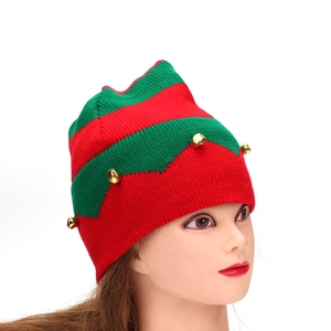 Christmas elf knit hat with red and green stripes and golden bells for festive seasons