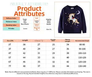 Detailed size guide table for girls' embroidered navy sweatshirt featuring unicorn patterns