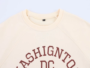 Dettaglio felpa in pile beige con etichetta taglia S e stampa Washington DC sul petto