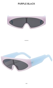 Detail of purple cat-eye sunglasses with blue wide temples and metallic rivets