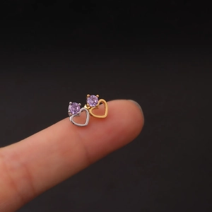 Stainless steel heart stud earrings with purple zircon in gold and silver finish