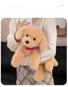 Close-up of soft plush Labrador puppy toy with a red collar and golden bell