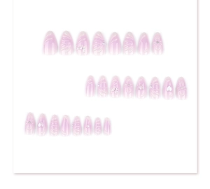 Detail view of 24pcs almond press-on nails with 3D butterfly flowers and pearls