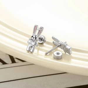 Cute bunny ear studs with heart-shaped zircon and pink enamel in high-quality silver finish