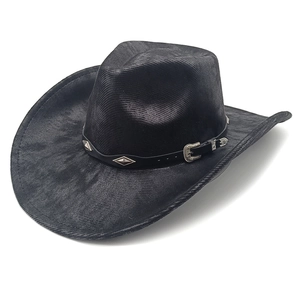 Vintage western cowboy hat in black cracked felt with studded leather band and wide brim
