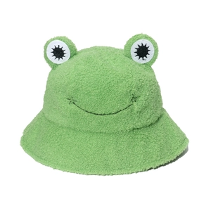 Cute green plush frog bucket hat made of warm sherpa fleece with eyes and smile embroidery