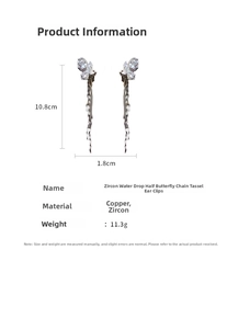 Vue détaillée du clip d'oreille papillon avec longues franges et pierres en zircone