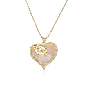 Gold plated MOM heart necklace with white shell inlay and sparkling zirconia stones