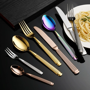 Roman column style stainless steel cutlery set with striped handles in five colors