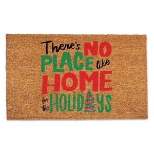 Detail of coconut fiber Christmas doormat with holiday greeting text and tree