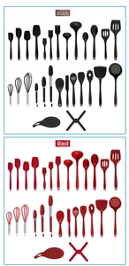 28-piece silicone cooking utensils set in black and red with stainless steel handles