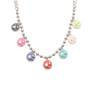 Polished silver beaded necklace with colorful enamel moon and star charms on white background