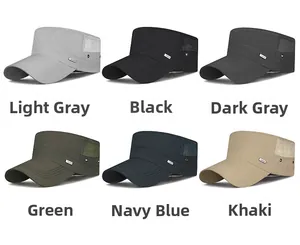 Detailed grid of quick-dry flat top hats in six colors with breathable mesh and metal logo