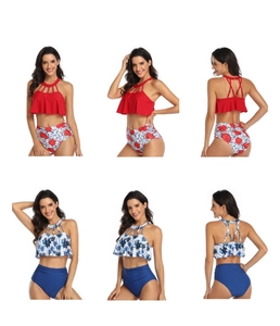 Detail views of floral high-waisted bikinis with ruffle halter tops and cutout front