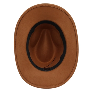 Detail view of the brown felt fedora interior with black sweatband and size 57 label