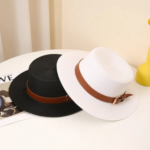 Chic wide brim flat top straw hat for women with leather band for summer travel