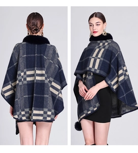Detailed front and back view of dark blue plaid knit cape with faux rabbit fur collar