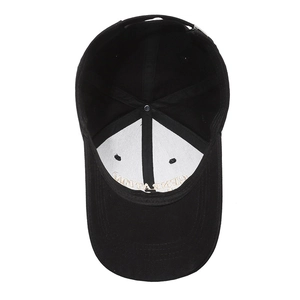 Black cotton baseball cap with embroidered lettering and 6-panel interior structure