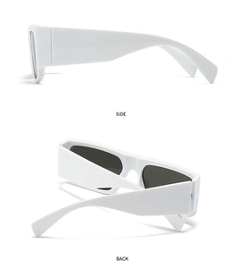 Detail view of white rectangular sunglasses showing side and back frame structure