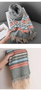 Detailed view of the soft herringbone weave texture and colorful fringe on the scarf