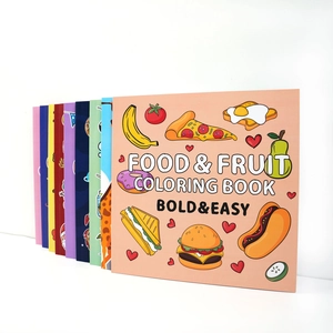 Food and fruit coloring book for kids with bold cartoon illustrations on orange cover