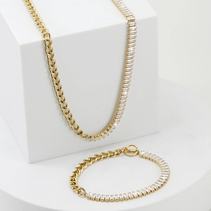 18K gold plated stainless steel jewelry set with CZ tennis chain and OT clasp
