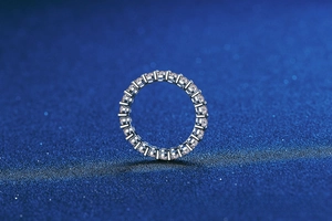 Macro view of full eternity ring with round-cut moissanite stones in a S925 silver base