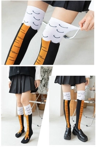 Detail of creative chicken feet knee high socks with elastic knitted texture and funny print