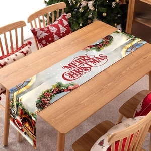 Merry Christmas table runner with Santa and fireplace pattern for festive dining decor