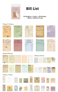 Detailed catalog of 100 vintage style paper stickers in various sizes for DIY journaling