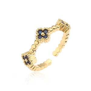 18K gold plated beaded open ring featuring three blue zircon clover flower ornaments