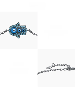 Detail of S925 sterling silver Hamsa hand bracelet with turquoise and evil eye charm
