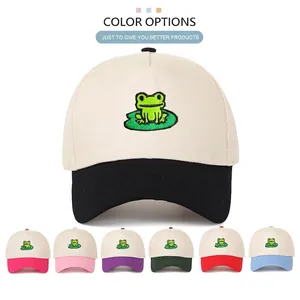 Baseball Cap Cotton Embroidery Cartoon Frog Lotus Leaf Contrast Color Block Hat Adjustable Retro Sun Hat Men Women