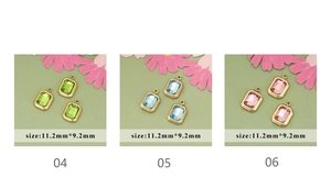 Detailed size view of square colorful crystal pendant charms with gold metal frame