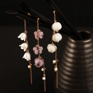Elegant lily of the valley hair stick with purple flowers and pearls in oriental style