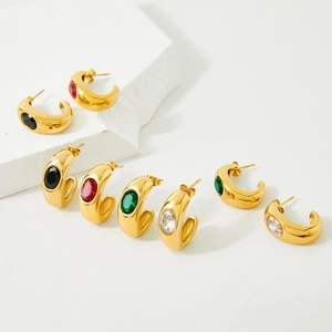 Chunky C-Shaped Hoop Earrings For Women Stainless Steel Oval Zirconia Retro French Style Minimalist Lightweight Luxury Jewelry