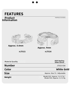 Detail of S925 sterling silver couple rings showing textured patterns and zircon inlay