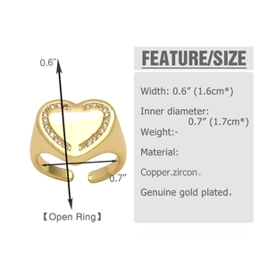 Detailed size specifications for the gold heart signet open ring with zircon inlay