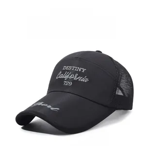 Close-up of black breathable mesh baseball cap with white Destiny California embroidery