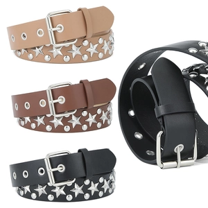Women Fashion Belt PU Leather Star Round Rivet Punk Decorative Pin Buckle Waistband Accessory
