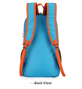 Detail of blue outdoor backpack featuring breathable orange mesh straps and side pockets