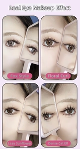 Close-up showing four different styles of self-adhesive false eyelashes on eye models