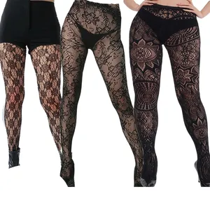 Three styles of vintage black floral and geometric pattern lace fishnet tights for women