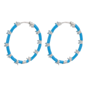 Detail of sky blue enamel hoop earrings with micro-set cubic zirconia in silver tone