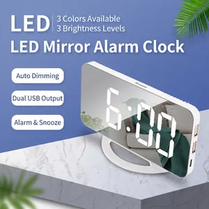 White LED mirror digital alarm clock with auto-dimming and dual USB charging ports