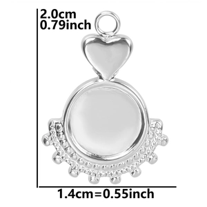 Detailed view of heart-shaped stainless steel DIY pendant base with beaded edge and dimensions